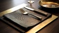 Leatherhide Inspired Restaurant Table Setting With Dark Gold And Silver Flatware