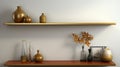 Minimalistic Golden Shelf With Shiny Vases And Coffee Table