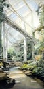 Contemporary Enclosure: A Makoto Shinkai-inspired Painting Of Lush Plants