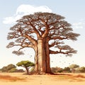 Illustration Of A Large Baobab Tree With Traditional Landscape Style