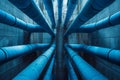 A photo showcasing a network of blue pipes in a massive industrial building, Blue pipes crawling through a monolithic concrete