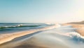 A photo showcasing a significant body of water resting on a sandy beach, Long exposure photo of smooth waves on the beach