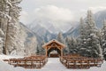 A photo showcasing a snowy mountain landscape featuring a gazebo and multiple rows of benches, Scenic winter wedding with a