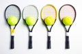 A photo showcasing three tennis rackets and three tennis balls, ready for a game on the court, Tennis balls on rackets in