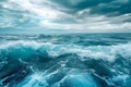 A photo showcasing a vast expanse of water beneath a sky filled with clouds, Steely blue ocean waves gently rolling under a cloudy