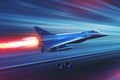 A photo showing a jet flying through a clear blue sky with a red light visible nearby, A next-gen supersonic fighter aircraft Royalty Free Stock Photo