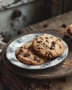 Two Chocolate Chip Cookies on Plate on Table Royalty Free Stock Photo