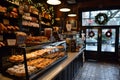 The photo shows a busy bakery with shelves filled with a wide selection of delicious doughnuts in various flavors and toppings,