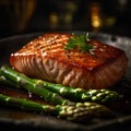 Baked piece of red fish with asparagus on the table close-up Royalty Free Stock Photo