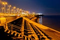 Concrete breakwaters and boardwalk at night in Blackpool, UK Royalty Free Stock Photo