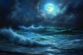 This photo shows a detailed painting depicting a full moon shining its light over the vast ocean, Ocean waves illuminated by an Royalty Free Stock Photo