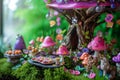 The photo shows a detailed view of a plate filled with appetizing food placed on a table, Fantasy fairy garden with delightful and