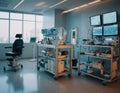 The photo shows medical equipment monitors that monitor vital functions, an infusion pump and a medical cart with instruments.