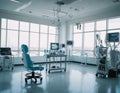 The photo shows medical equipment monitors that monitor vital functions, an infusion pump and a medical cart with instruments.