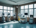 The photo shows medical equipment monitors that monitor vital functions, an infusion pump and a medical cart with instruments.