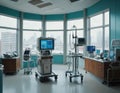 The photo shows medical equipment monitors that monitor vital functions, an infusion pump and a medical cart with instruments.