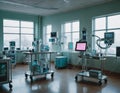 The photo shows medical equipment monitors that monitor vital functions, an infusion pump and a medical cart with instruments.