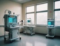 The photo shows medical equipment monitors that monitor vital functions, an infusion pump and a medical cart with instruments.