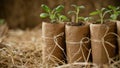 The photo shows small plants growing in brown paper rolls Royalty Free Stock Photo