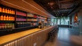 This photo shows a vibrant store packed with numerous rows of bottles filled with a variety of liquids, Adjoining juice bar in a