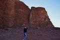 Girl at the sunset in the Wadi Rum desert in Jordan Royalty Free Stock Photo