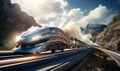 Photo of a silver train traveling down train tracks next to a majestic mountain