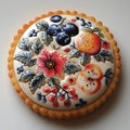 A photo of a single round shortbread cookie, isolated on a white background, in a top view. the cookie is decorated Royalty Free Stock Photo