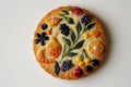 A photo of a single round shortbread cookie, isolated on a white background, in a top view. the cookie is decorated Royalty Free Stock Photo