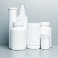 photo of six plastic cans for package pills and vitamins and antiseptic spray for protection against coronavirus KOVID-19