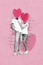 Photo sketch collage graphics artwork picture of dreamy funny couple hearts instead heads drawing background