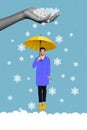 Photo sketch graphics artwork picture of arm throwing x-mas snow guy under umbrella isolated drawing background Royalty Free Stock Photo