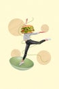 Photo sketch graphics artwork picture of funny lady beef burger instead of head jumping high isolated drawing background