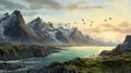 Digital Fantasy Landscapes: Majestic Mountains With Birds - 8k Resolution