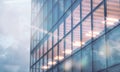 Photo of skyscraper tower. Modern office interior in evening time.Panoramic windows facade background, contemporary Royalty Free Stock Photo