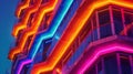 A photo of a sleek highrise apartment complex with its balconies and windows aglow with neon lights. The lights which