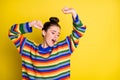 Photo of sleepy cute woman yawn raise hands closed eyes stand copyspace isolated on yellow color background Royalty Free Stock Photo