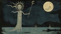 Gorgon Haunted By The Moon: A Haunting Illustration In The Style Of Hugo Simberg