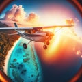 photo of small Airplane flying above tropical sea at sunset. fish eye lens