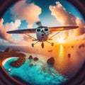 photo of small Airplane flying above tropical sea at sunset. fish eye lens