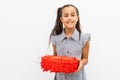 Photo of small dreamy lady hold pinata isolated white background