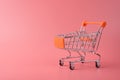 Photo of small silver shopping cart isolated over pink color pastel background with copy empty blank space Royalty Free Stock Photo