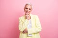 Photo of smart happy businesswoman white hair aged model touch chin posing like intelligent person isolated on pink