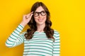 Photo of smart intelligent person young attractive girl touch eyewear optician glasses vision looking empty space