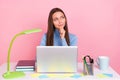 Photo of smart lady use netbook write edit story sit table look empty space isolated on pastel color background