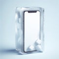 Photo of a smartphone with white screen mockup inside frozen cube on solid background. ai generative