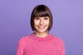 Photo of smiling cheerful gorgeous woman smiling perfect white teeth wear pink sweater isolated on violet color Royalty Free Stock Photo