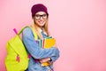 Photo smiling clever lovely studying girl being definitely fond of learning while isolated with pasted background