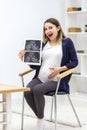 Photo of smiling pregnant woman holding ultrasound result. Royalty Free Stock Photo