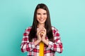 Photo of sneaky tricky young woman wear plaid shirt evil plan isolated on pastel turquoise color background