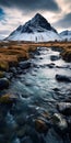 Cyan And Amber: A Rustic Icelandic River With Majestic Mountain